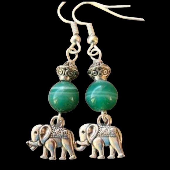 Jewelry - Sterling Silver Elephant Jade Drop Dangle Earrings